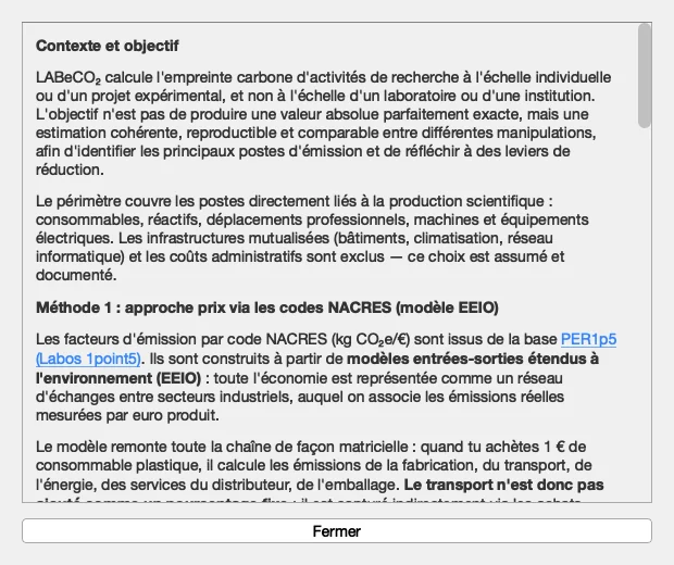 Fenêtre méthodologie dans l'application