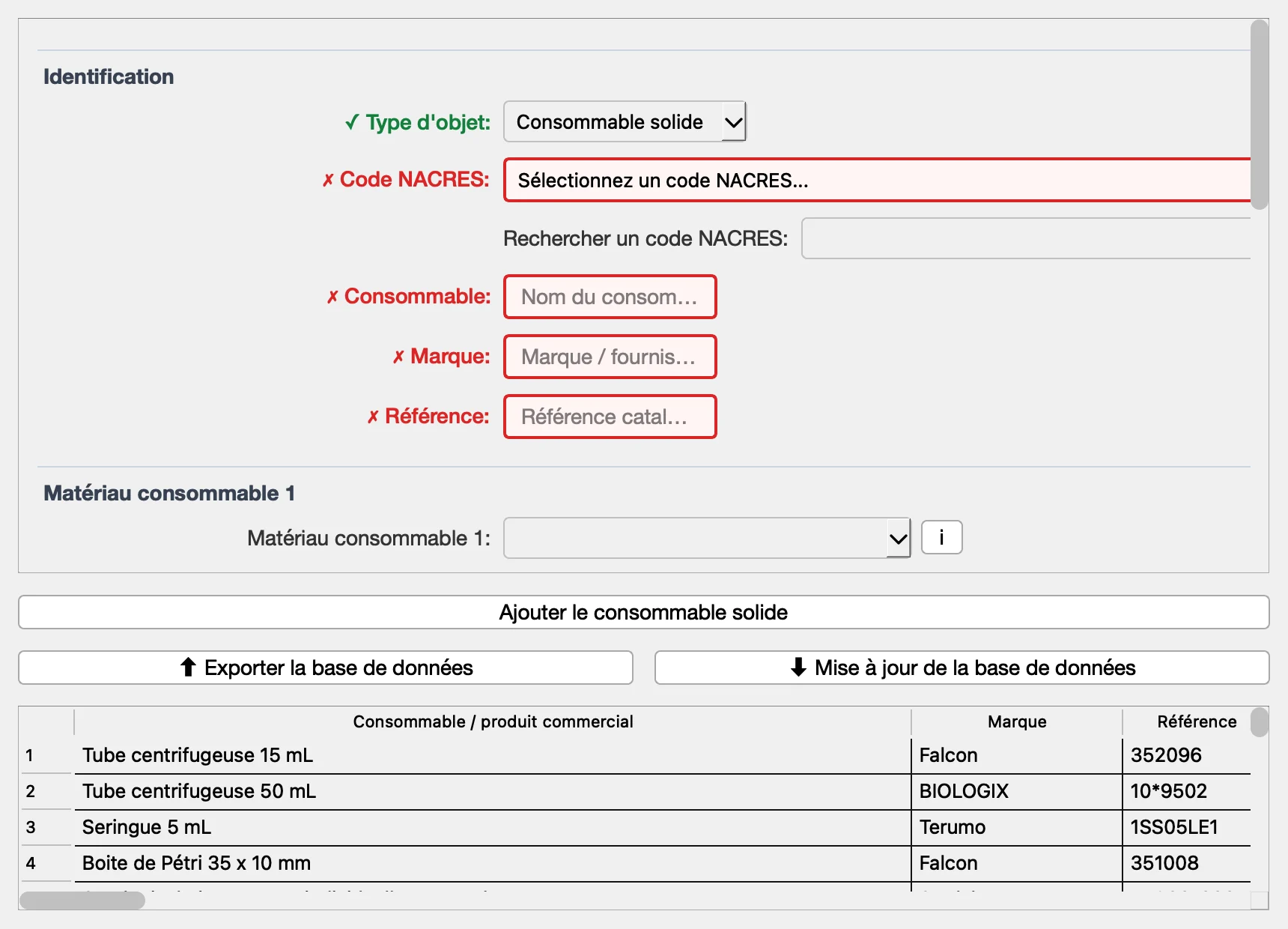 Fenêtre d'ajout ou de modification d'un consommable