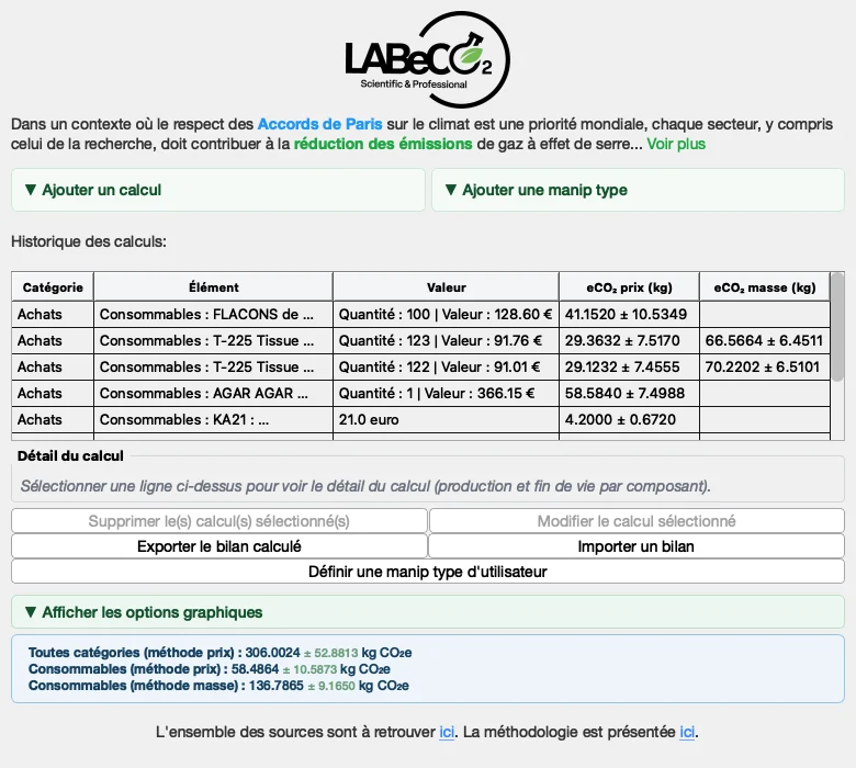 Fenêtre principale de LABeCO₂ avec l'historique des calculs et les totaux